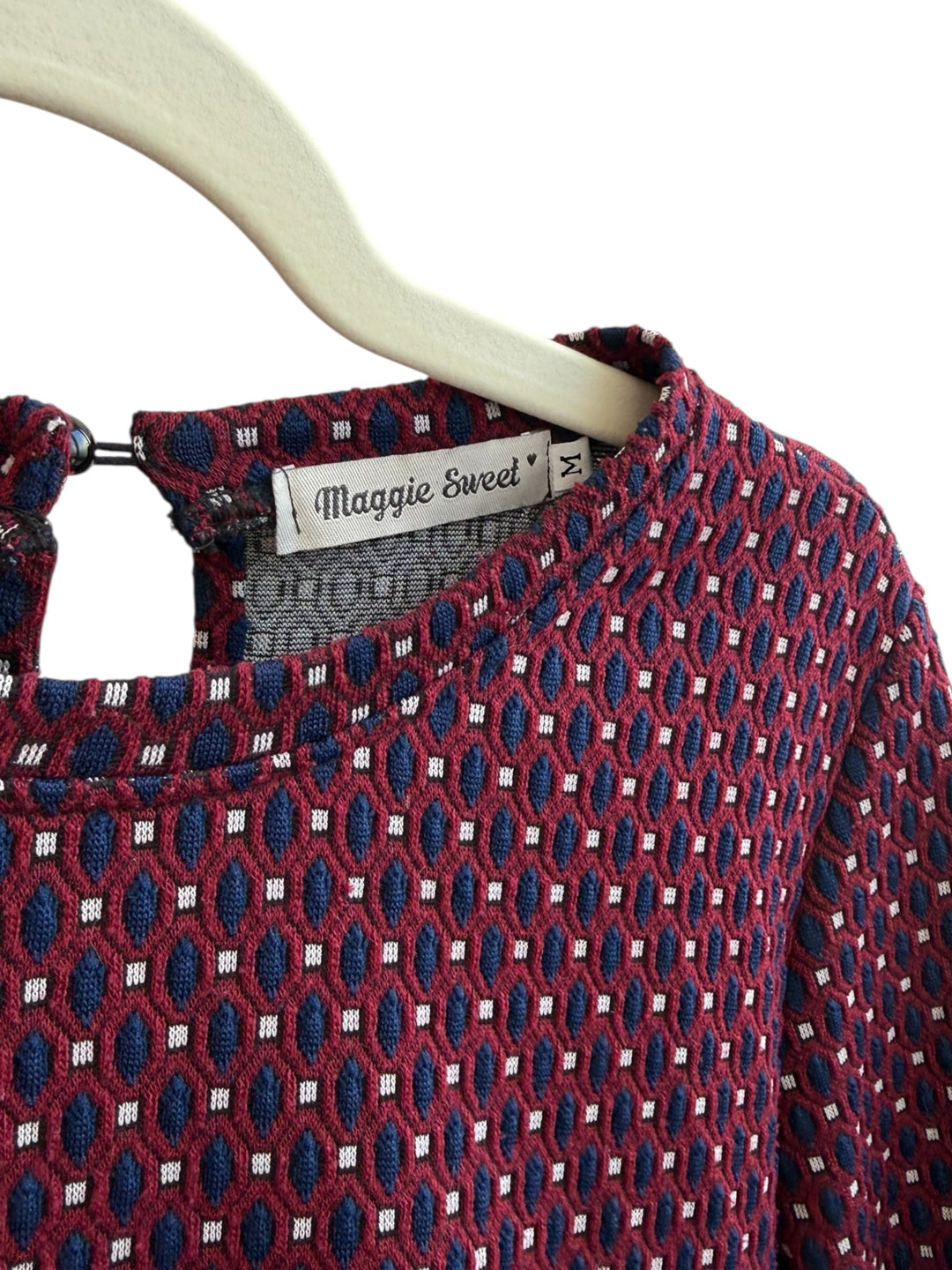 ReTrend Maggie Sweet bordeaux dress with graphic pattern, flared cut, and textured fabric. Size M.