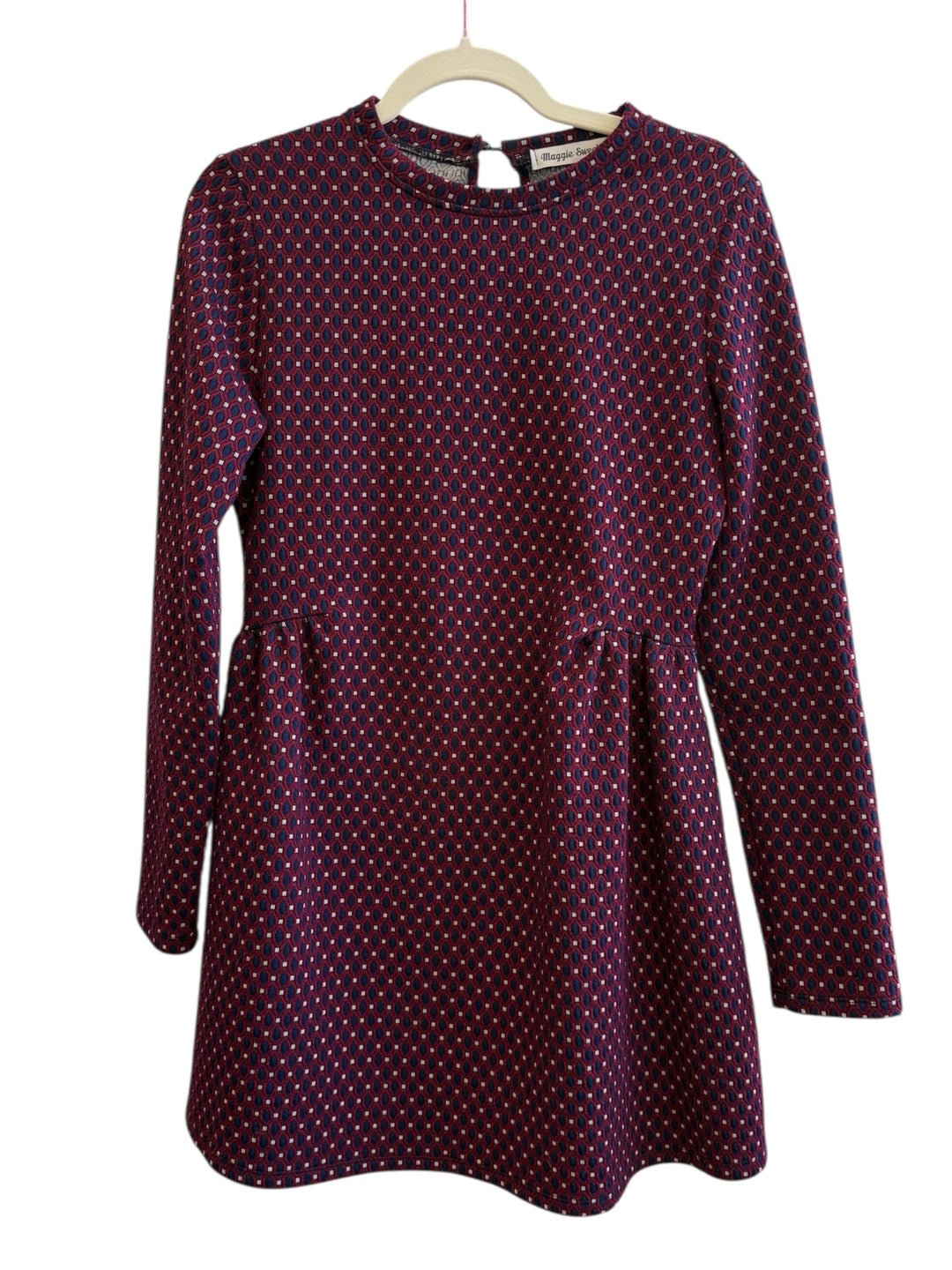 ReTrend Maggie Sweet bordeaux dress with graphic pattern, flared cut, marked waist, long sleeves, round neck, button back closure, size M.