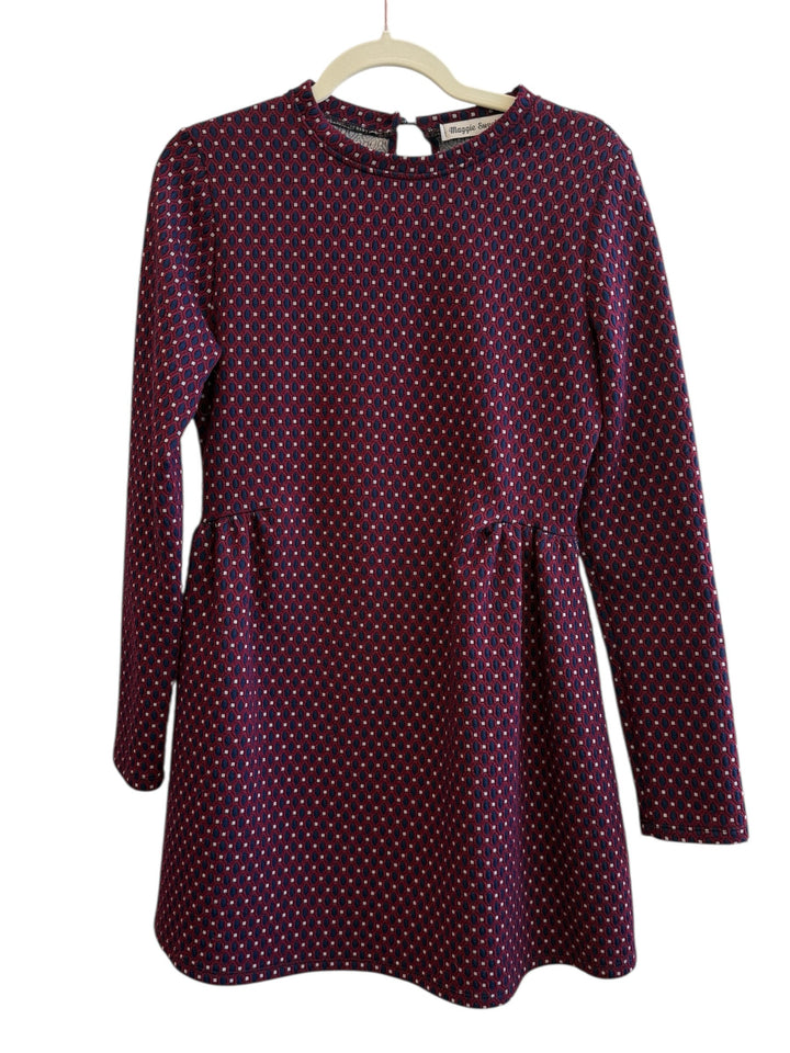 ReTrend Maggie Sweet bordeaux dress with graphic pattern, flared cut, marked waist, long sleeves, round neck, button back closure, size M.