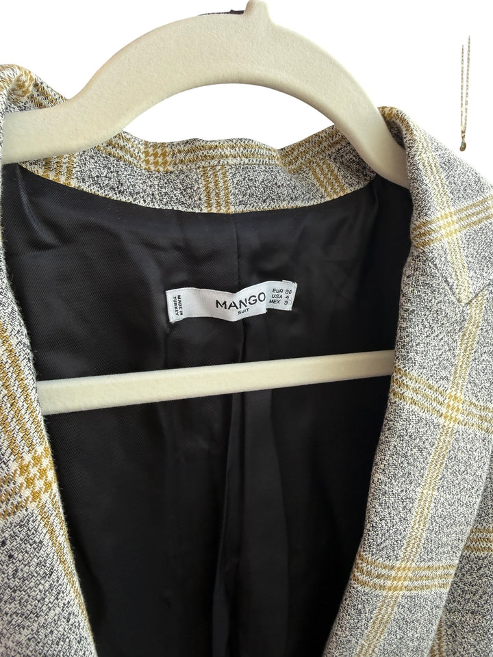 ReTrend blazer with grey and yellow plaid pattern, structured straight cut, tailored collar, and single button closure. Size 36.