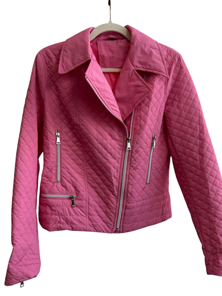 ReTrend pink quilted short jacket with asymmetric zip closure, zip pockets, and zip cuffs. Size S.