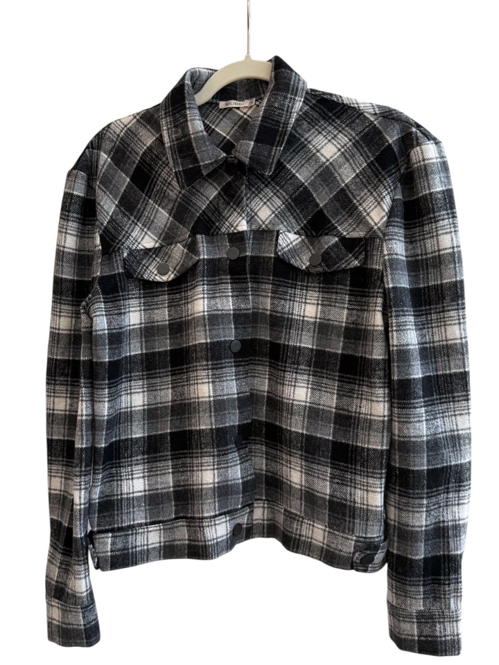 ReTrend black, grey, and ecru plaid overshirt with snap buttons and chest pockets. Size S.