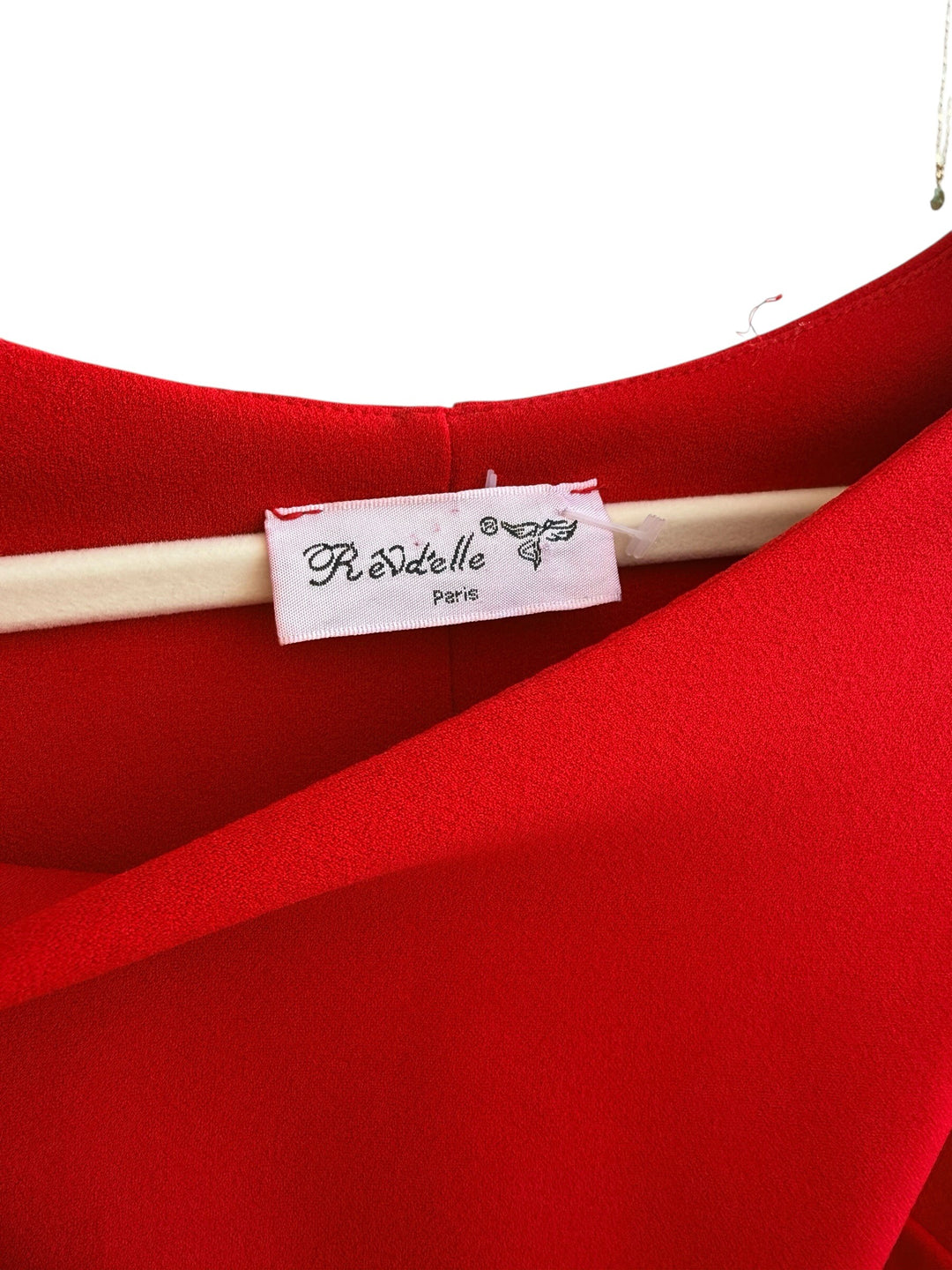 ReTrend red elegant fitted dress with side drape, size S. Chic style for evening or events.