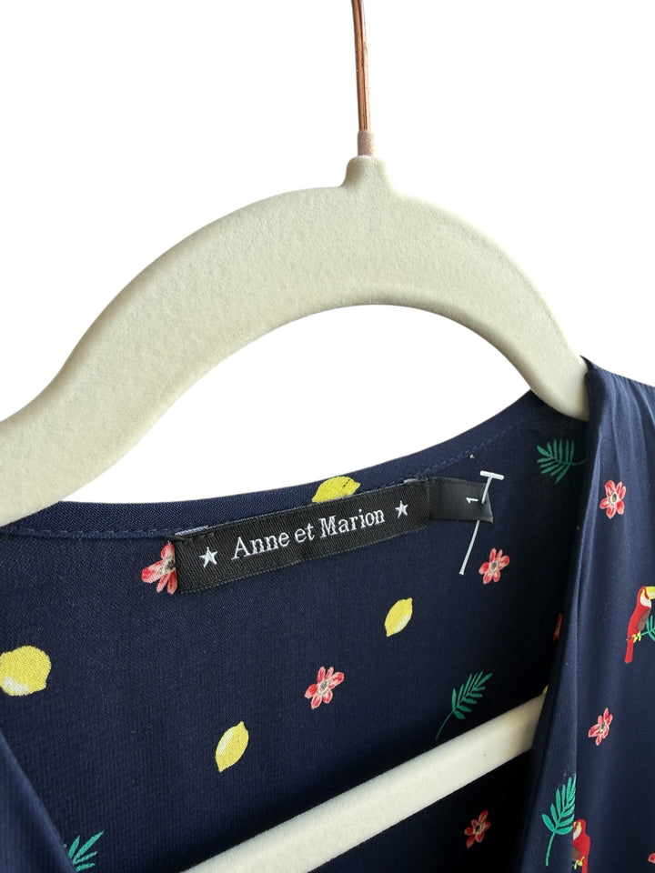 Retrend Anne et Marion navy blue fluid dress size 36 with toucan, flower and lemon print. V-neck, marked waist.
