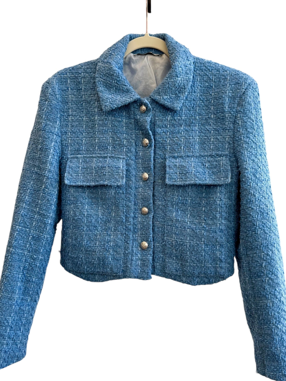 Retrend BBWMAN short blue sky tweed jacket with gold button details and chest pockets, size M.