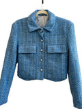 Retrend BBWMAN short blue sky tweed jacket with gold button details and chest pockets, size M.