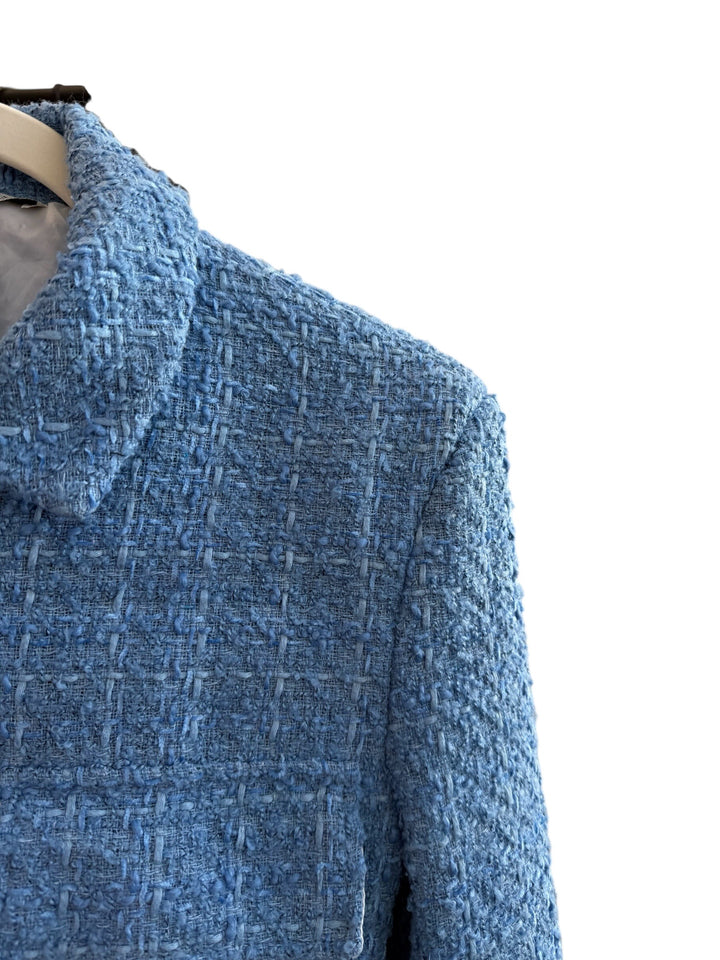 Retrend BBWMAN short blue sky tweed jacket with gold jewel buttons and shirt collar. Size M.