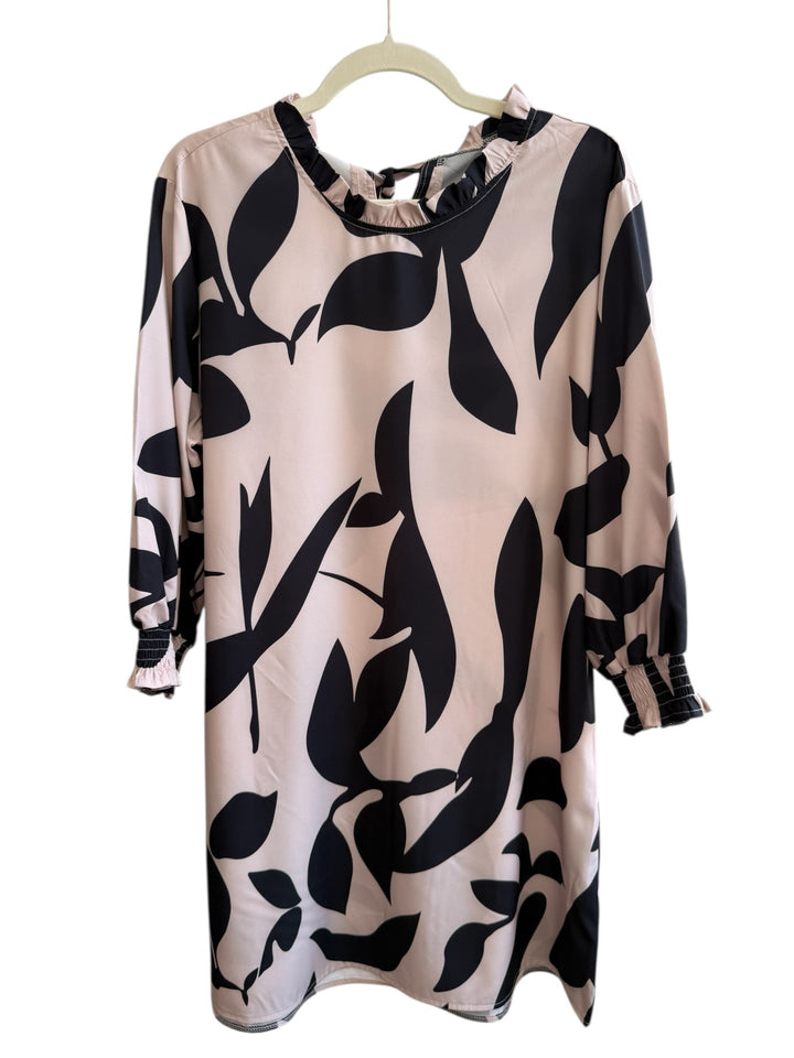 Retrend beige and black leaf print dress, size XL, with ruffled high neck and smocked cuffs.