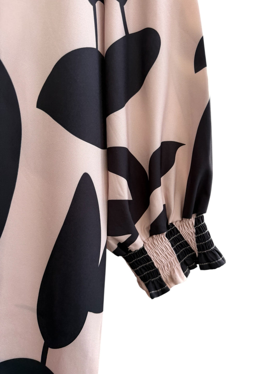 ReTrend beige dress with black leaf print, long sleeves with smocked cuffs, size XL.
