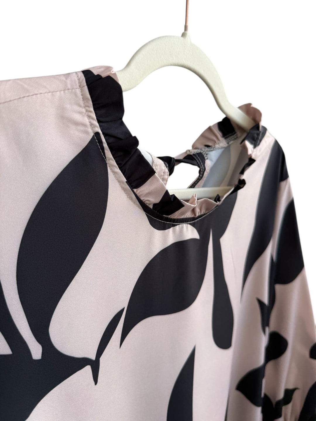 ReTrend beige dress with black leaf print, ruffled high neck, long sleeves, size XL.