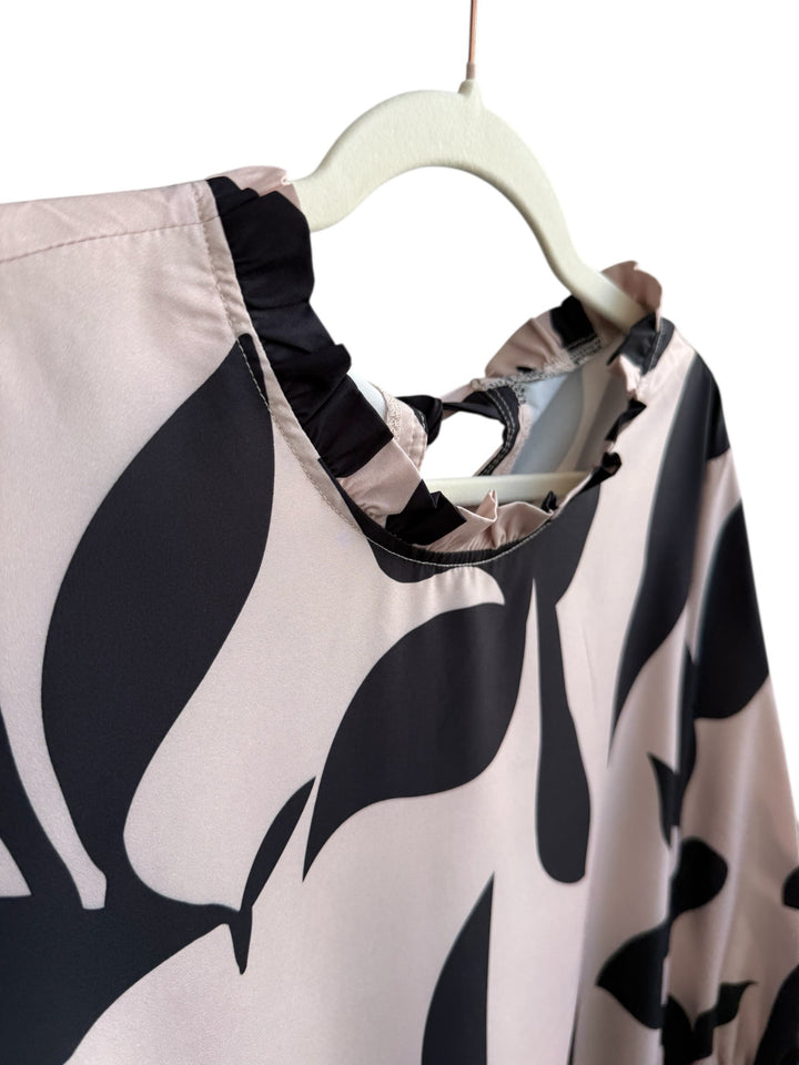 ReTrend beige dress with black leaf print, ruffled high neck, long sleeves, size XL.