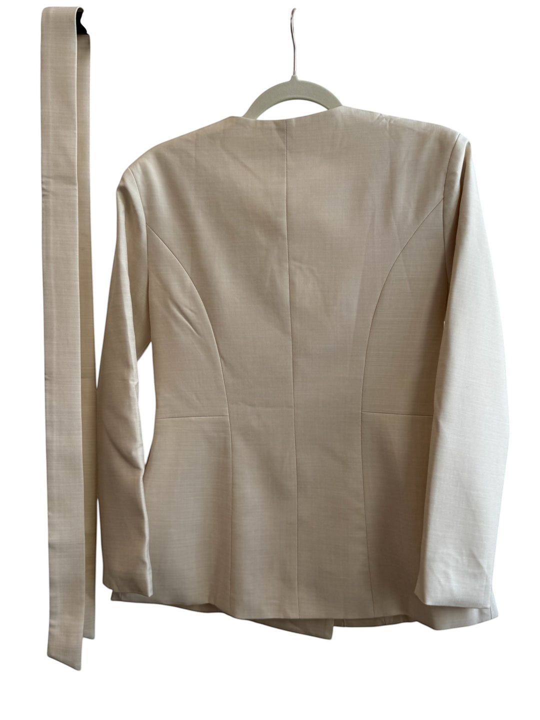 ReTrend beige fitted blazer with a tie belt, cross-button closure, and chest pocket. Size S.