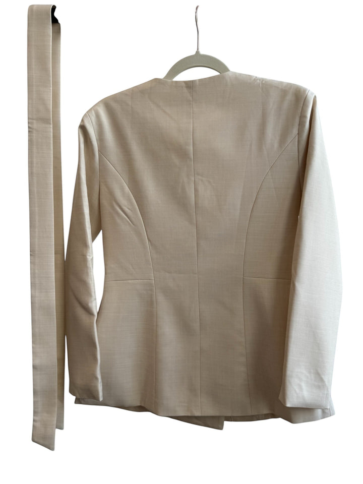 ReTrend beige fitted blazer with a tie belt, cross-button closure, and chest pocket. Size S.