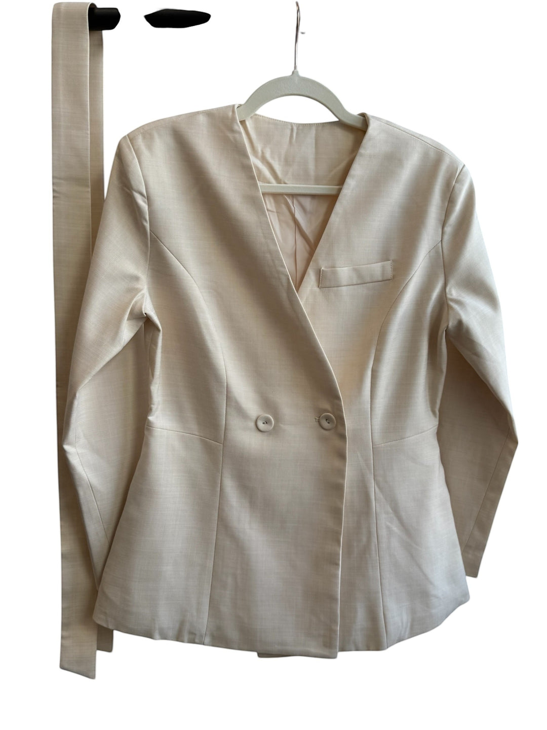 ReTrend beige fitted blazer with wrap closure, double buttons, and matching belt. Size S.