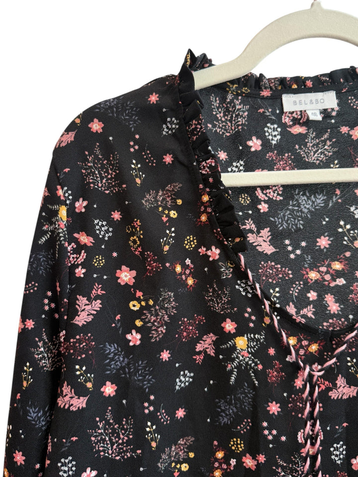 ReTrend BEL&amp;BO black floral print blouse, size 46, with ruffled collar and tie-up cord.