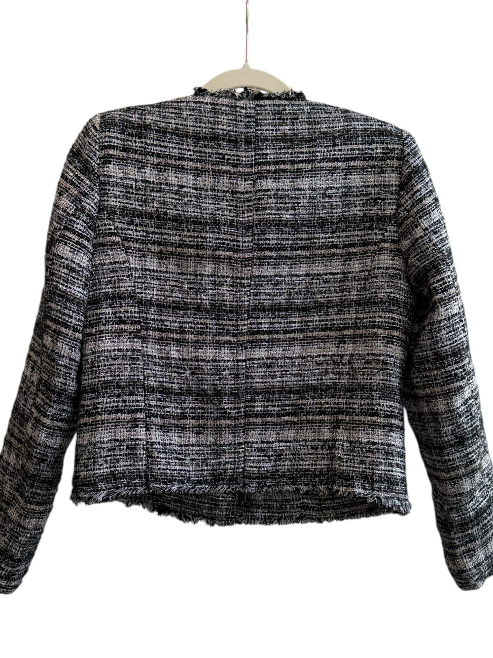 Retrend black and beige tweed jacket size XS with frayed edges and metallic buttons