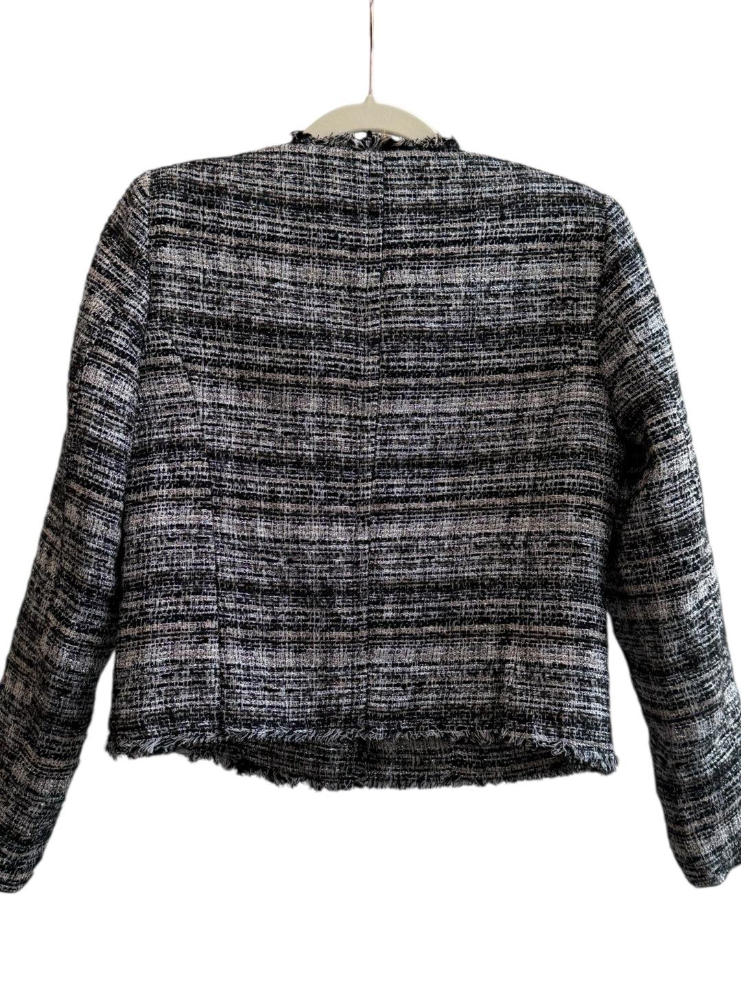 Retrend black and beige tweed jacket size XS with frayed edges and metallic buttons