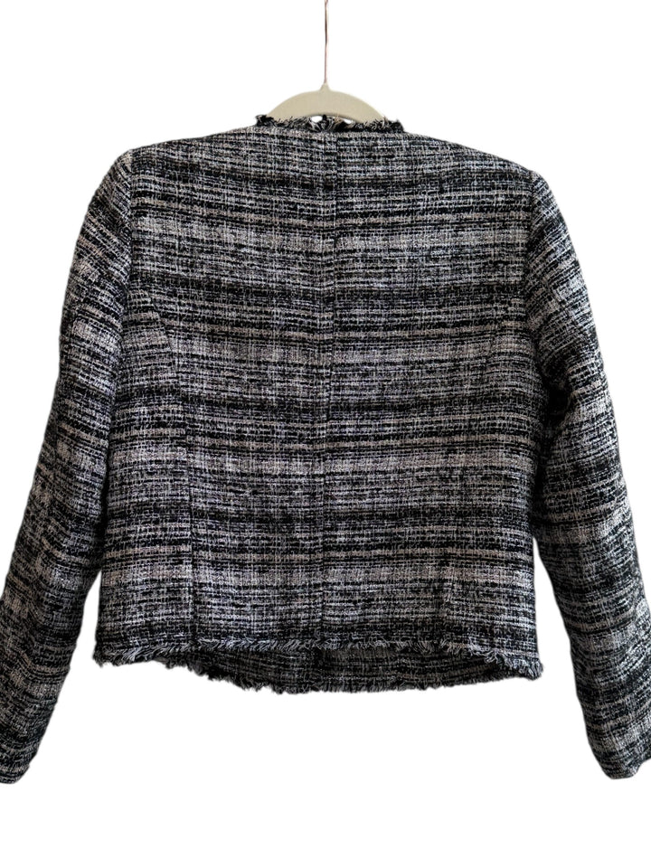 Retrend black and beige tweed jacket size XS with frayed edges and metallic buttons