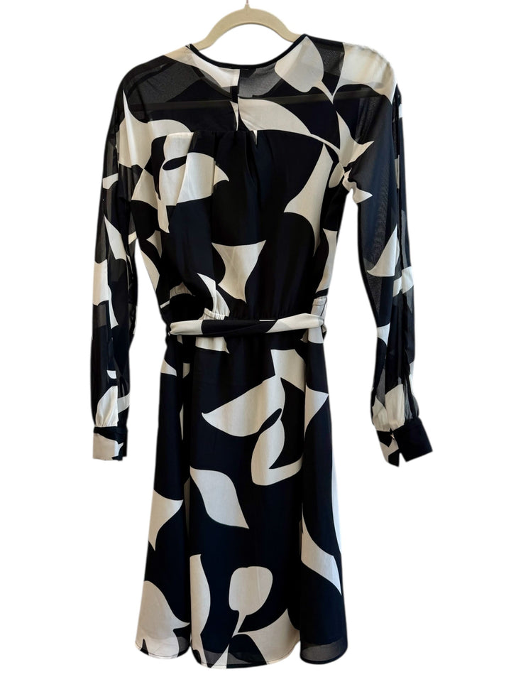 ReTrend black and ecru graphic print midi dress, size XS, with sheer long sleeves and tie waist.