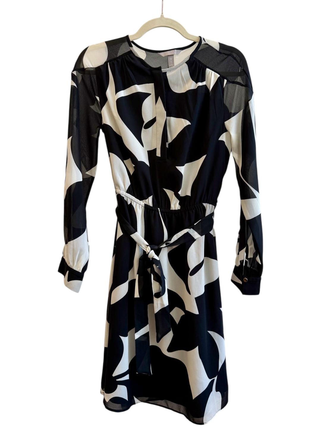 ReTrend black and ecru H&amp;M graphic print midi dress with sheer sleeves and tie waist, size XS.