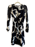 ReTrend black and ecru H&M graphic print midi dress with sheer sleeves and tie waist, size XS.