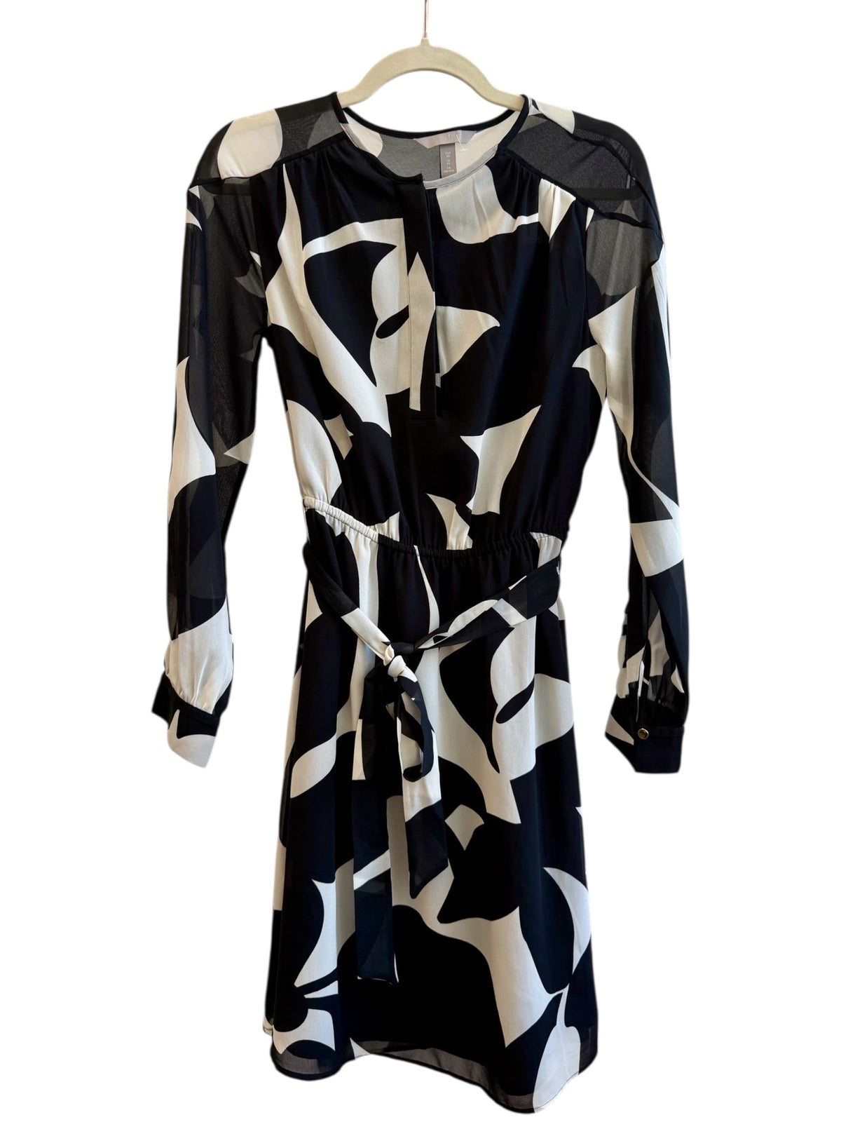 ReTrend black and ecru H&M graphic print midi dress with sheer sleeves and tie waist, size XS.