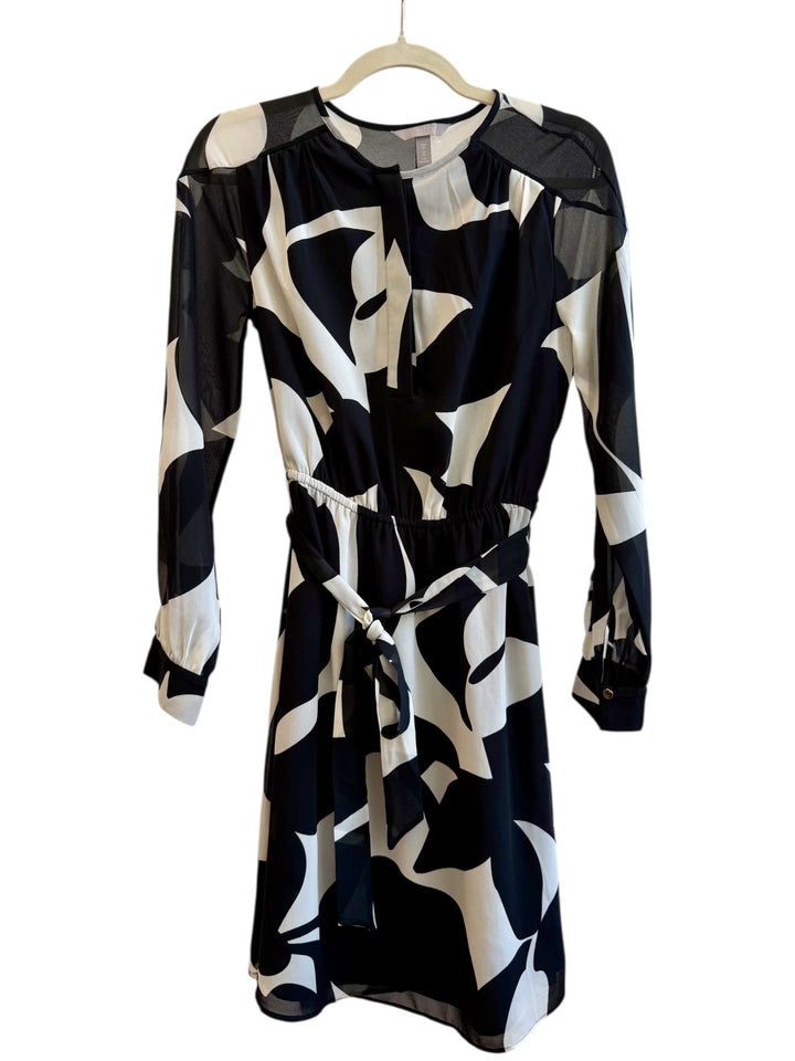 ReTrend black and ecru H&amp;M graphic print midi dress with sheer sleeves and tie waist, size XS.