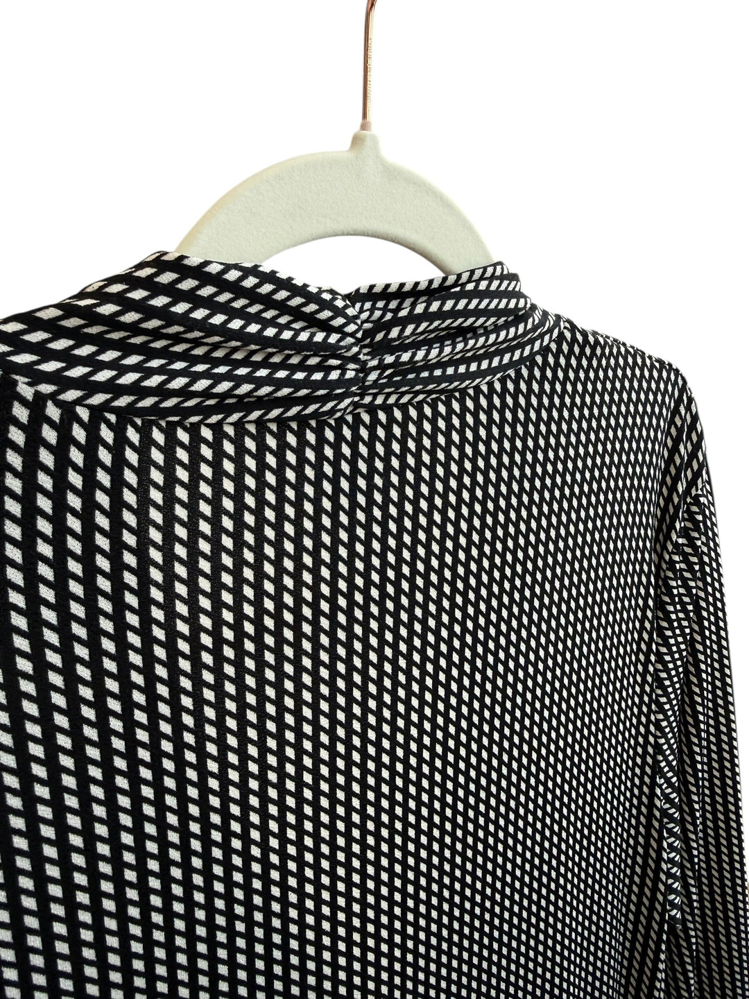 ReTrend black and ecru graphic print wrap dress, size L. Features V-neck, long sleeves, and midi length.