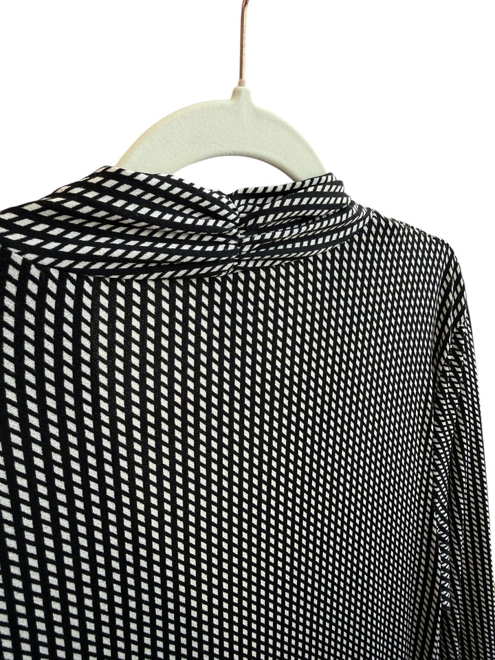 ReTrend black and ecru graphic print wrap dress, size L. Features V-neck, long sleeves, and midi length.