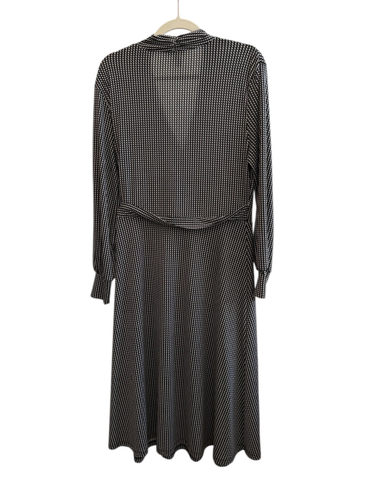 ReTrend black and ecru graphic print wrap dress, size L, with V-neck and long sleeves.