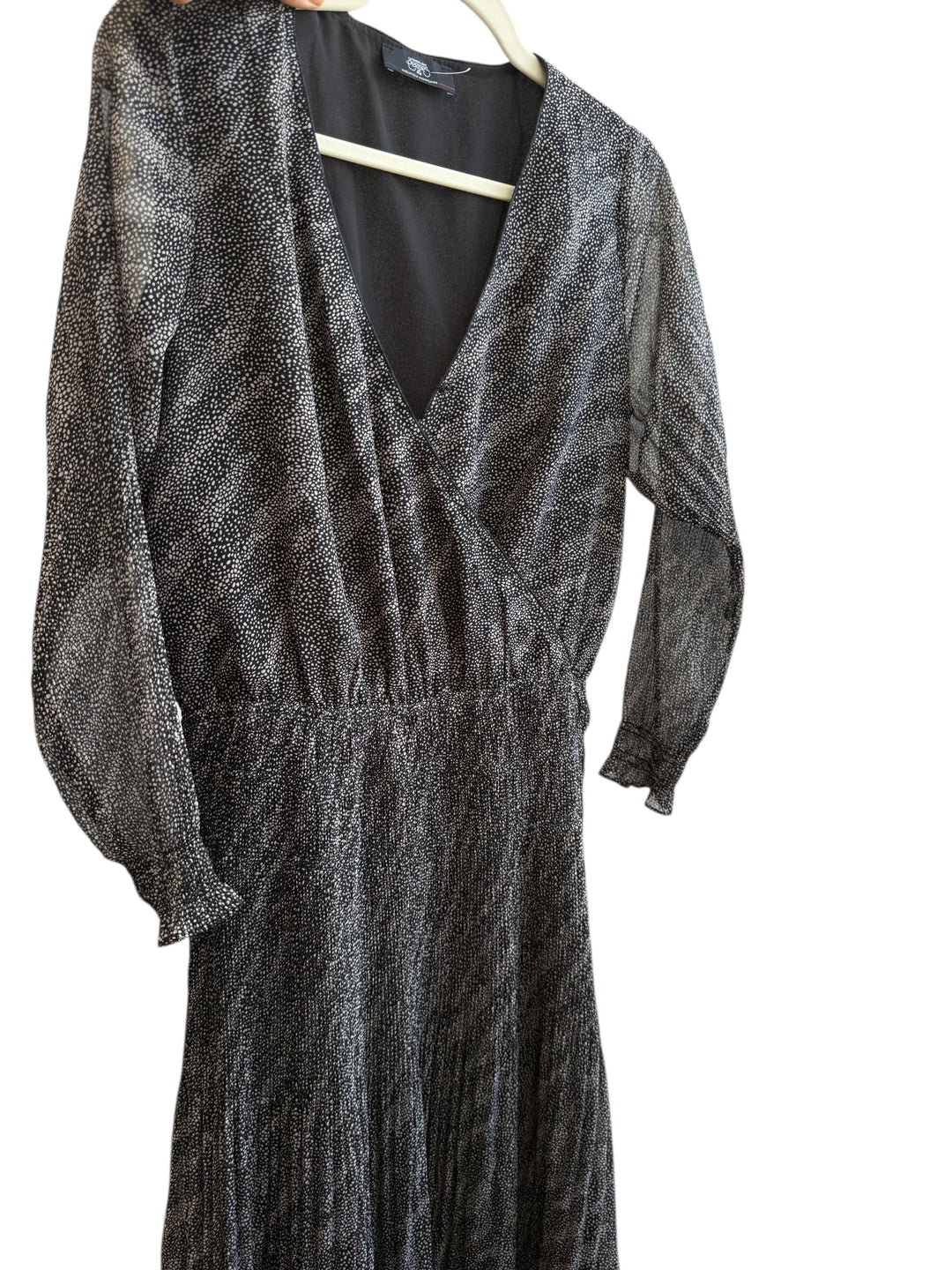 ReTrend black and ecru printed midi wrap dress with long sleeves and elasticated waist, size S.
