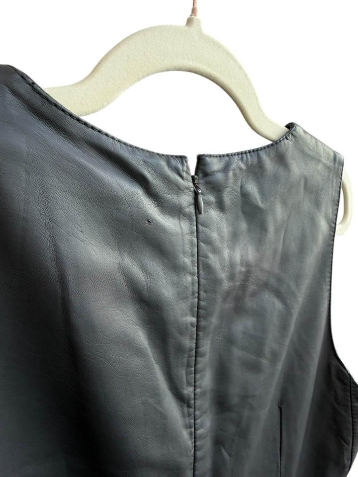 Retrend black faux leather dress with embroidered details and zip closure. Size L. Minor snag at back.