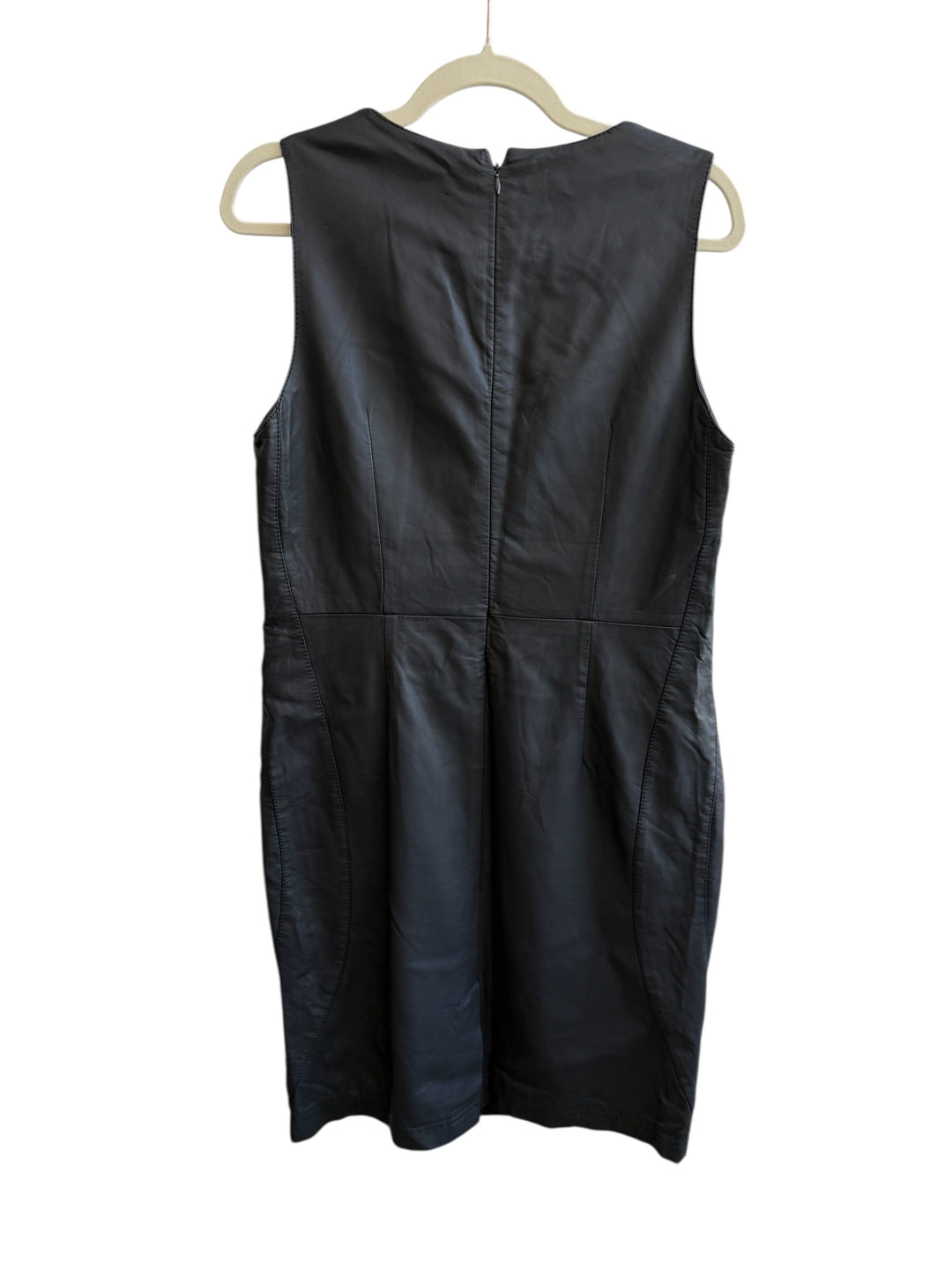 ReTrend black faux leather dress with embroidered details, size L. Modern, structured, rock chic style.