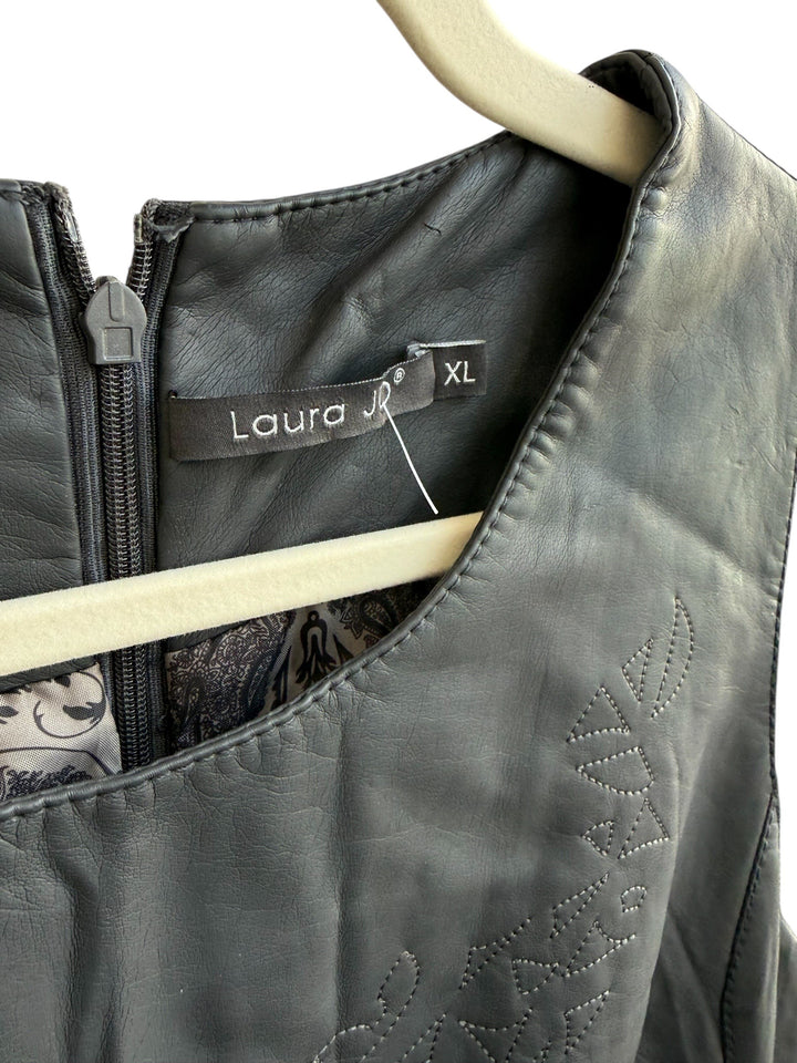 Retrend black faux leather dress with embroidered details on the front, size XL. Features a zip closure and pockets.