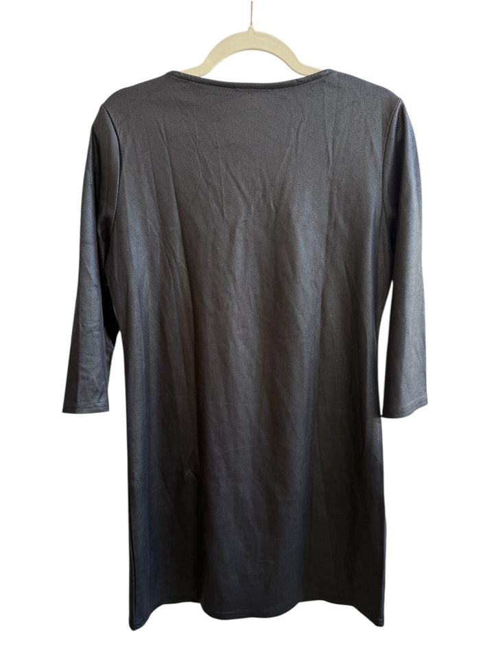 ReTrend black faux leather dress with 3/4 sleeves and silver zip detail, size M.