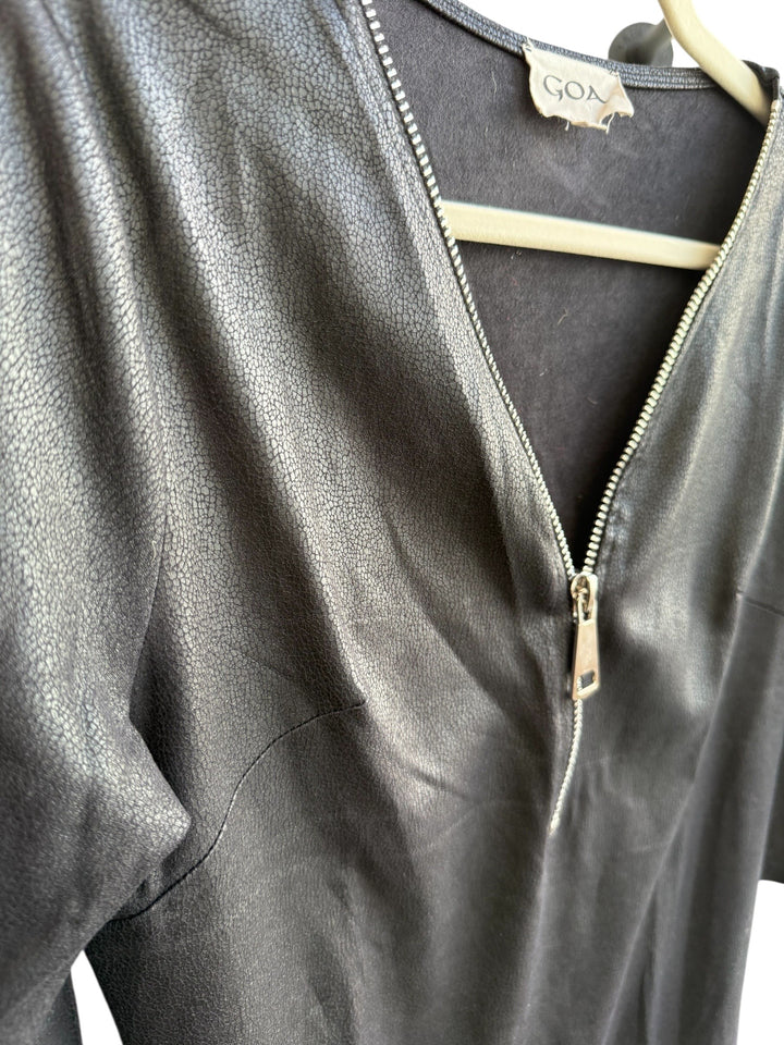 Retrend black faux leather dress with silver zip detail and 3/4 sleeves, size M.