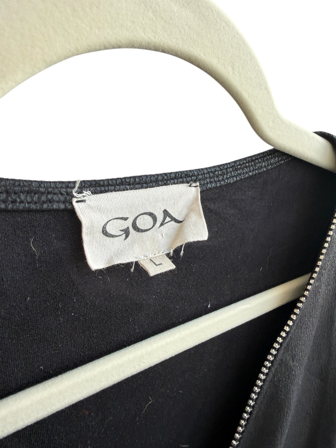 ReTrend black faux leather Goa dress with silver zip detail and 3/4 sleeves, size M.