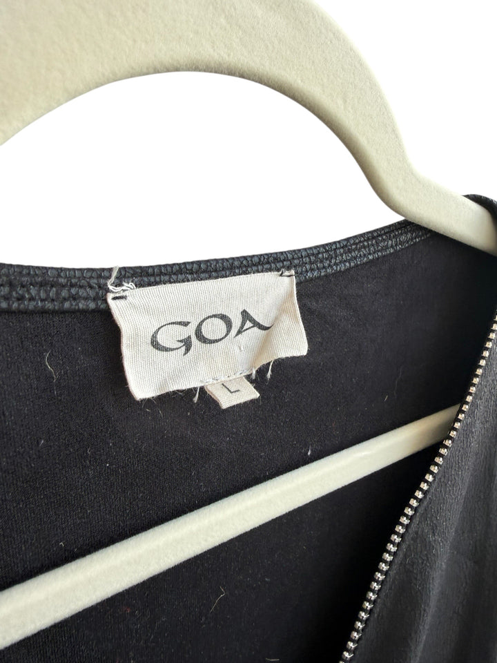 ReTrend black faux leather Goa dress with silver zip detail and 3/4 sleeves, size M.