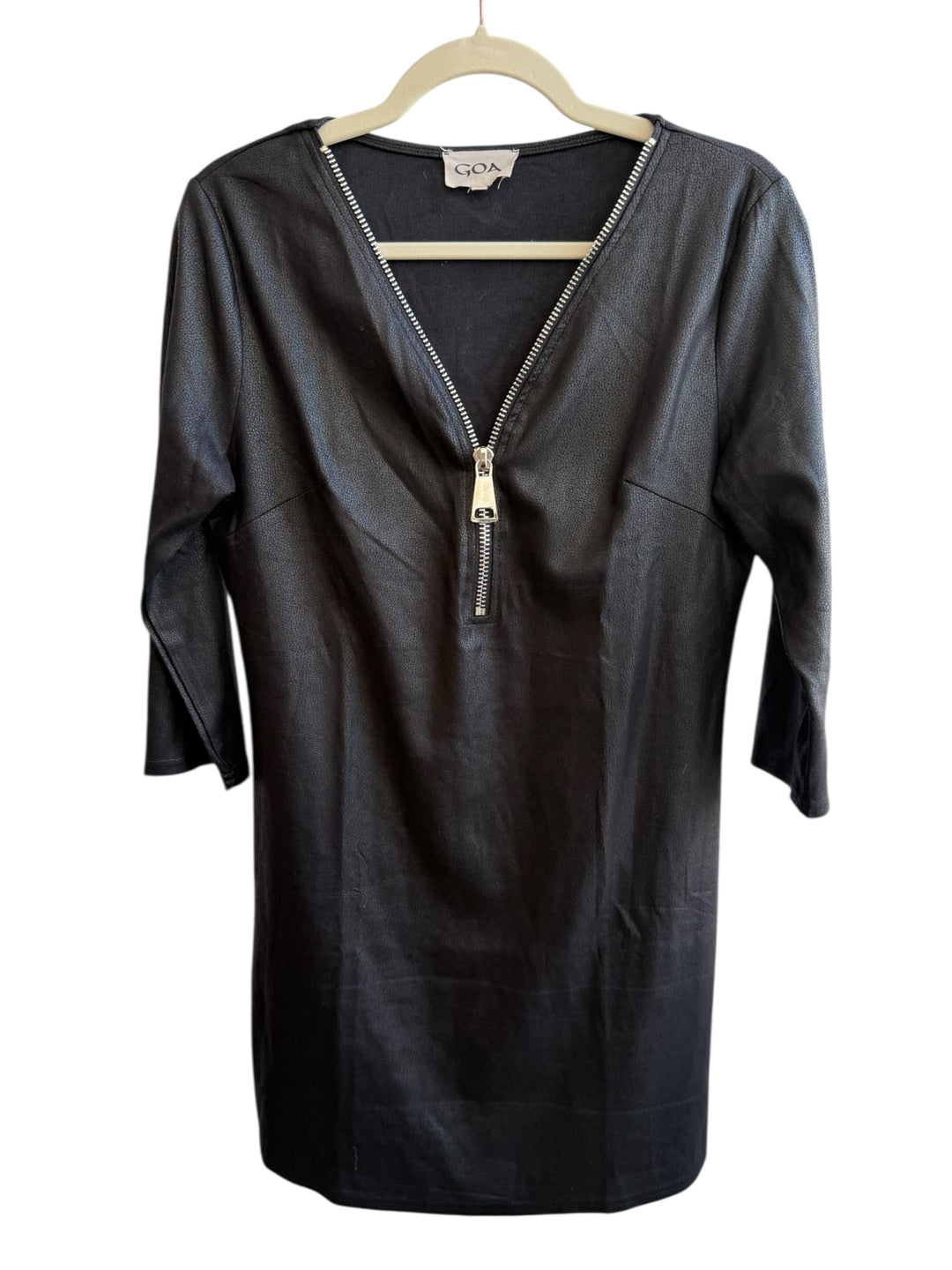 Retrend black faux leather dress with silver zip detail and 3/4 sleeves, size M.