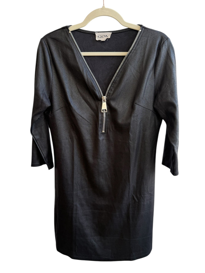 Retrend black faux leather dress with silver zip detail and 3/4 sleeves, size M.