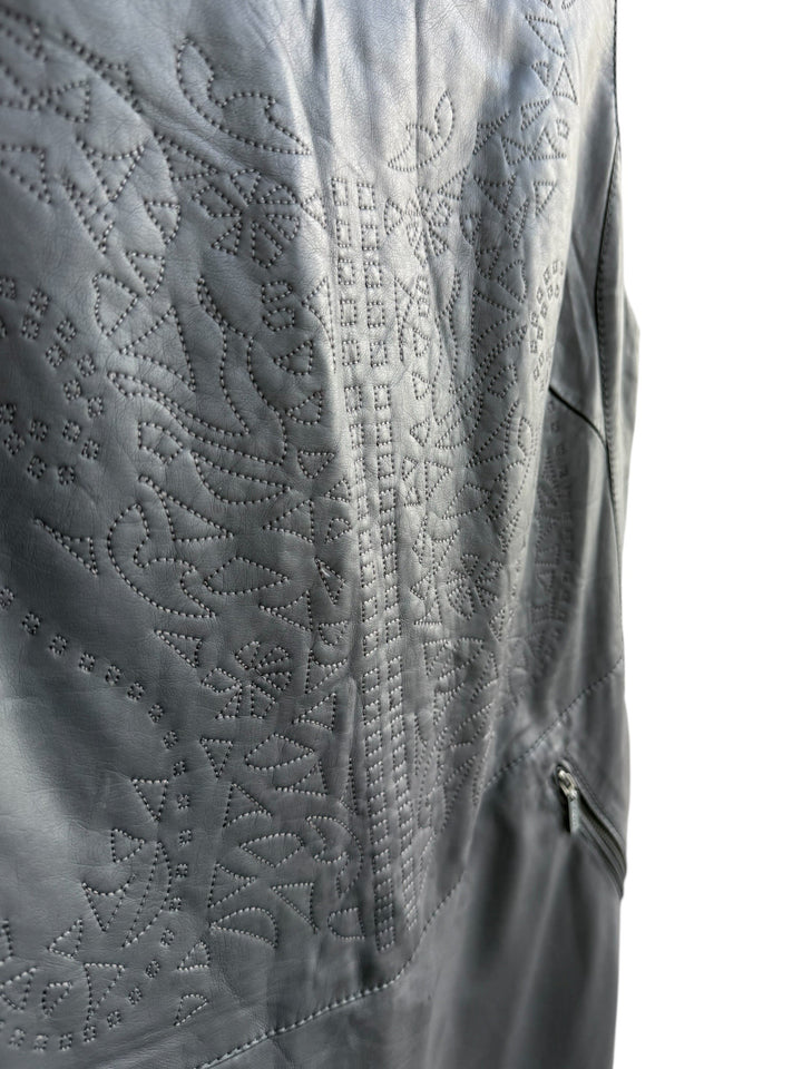 ReTrend black faux leather dress with embroidered details and zip pockets, size L. Modern rock chic style.