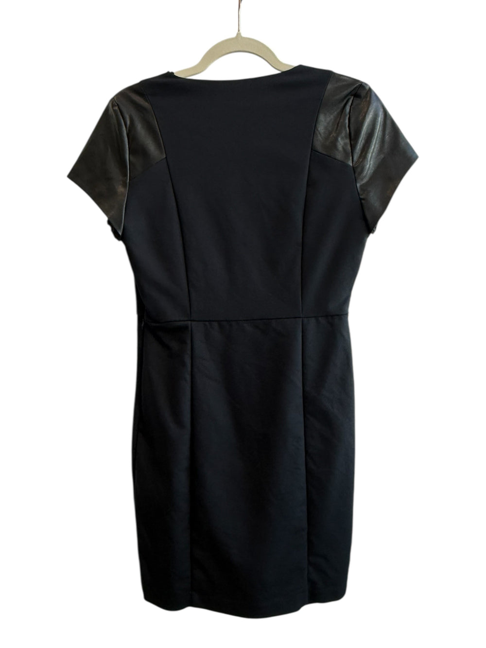 ReTrend black bi-material dress with V-neck and faux leather sleeves, size M.
