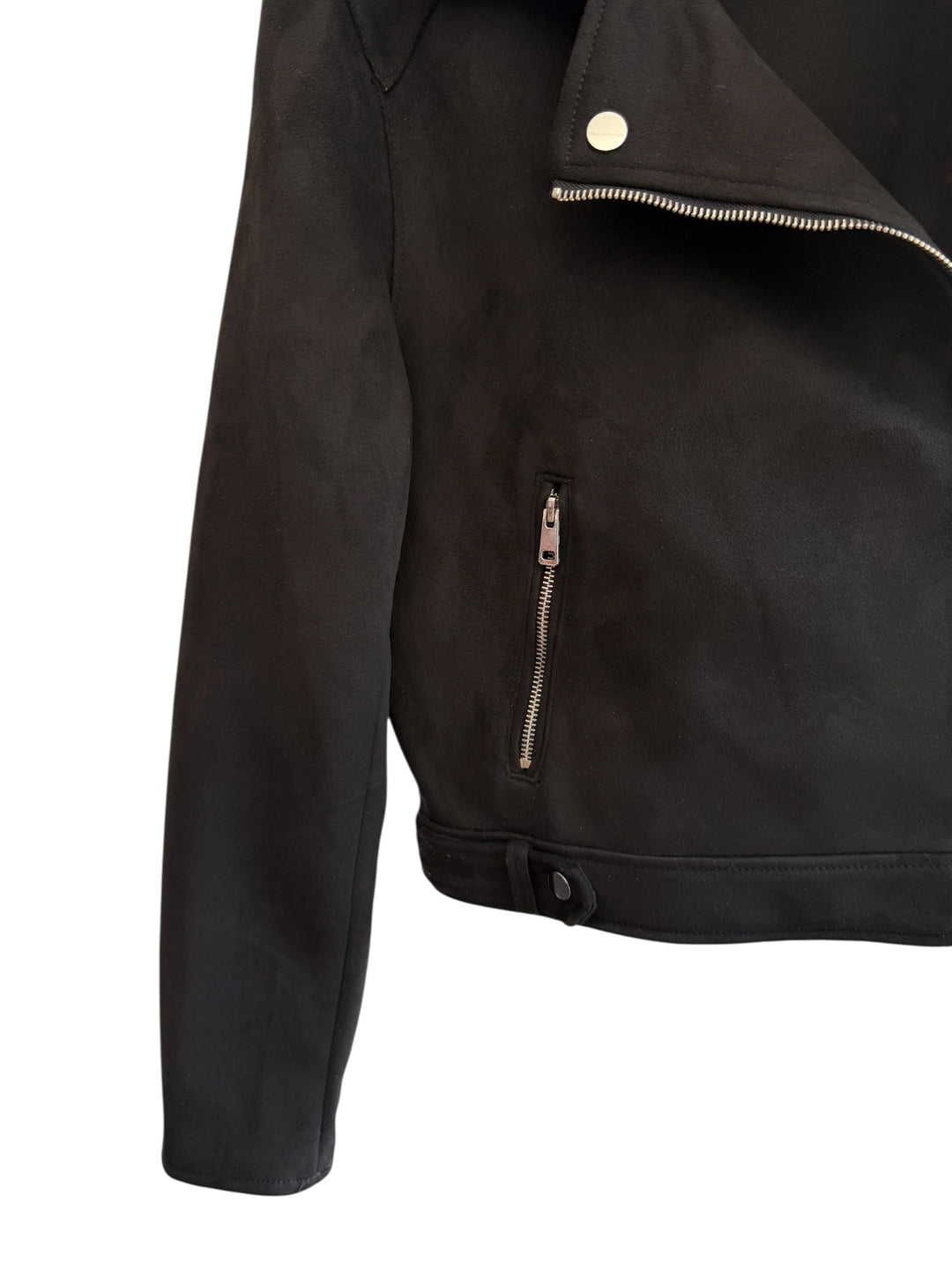 ReTrend black faux suede biker jacket with asymmetrical zip and zip pockets, size 44.