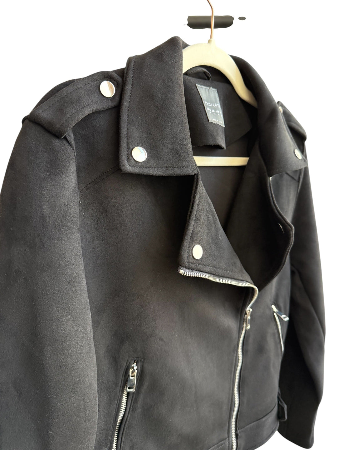 ReTrend black faux suede biker jacket, size 44, with asymmetric zip and lapel collar.