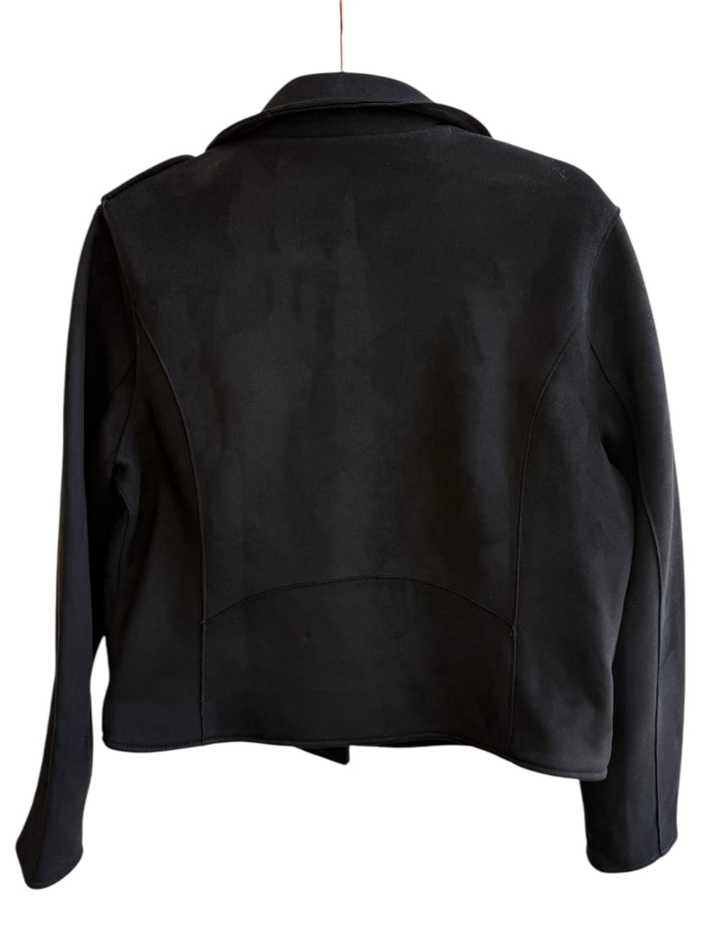 ReTrend black faux suede biker jacket, size 44, with asymmetrical zip and lapel collar.