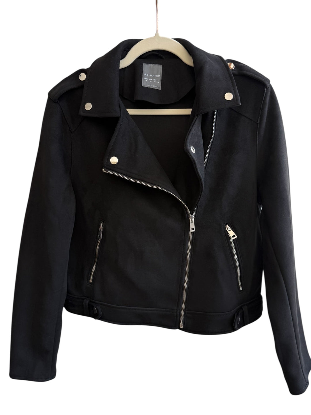 ReTrend black faux suede biker jacket, size 42, with asymmetrical zip and lapel collar.