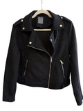 ReTrend black faux suede biker jacket, size 42, with asymmetrical zip and lapel collar.