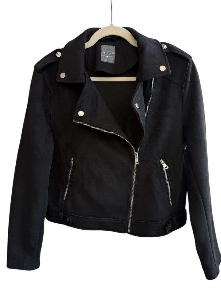ReTrend black faux suede biker jacket, size 42, with asymmetrical zip and lapel collar.