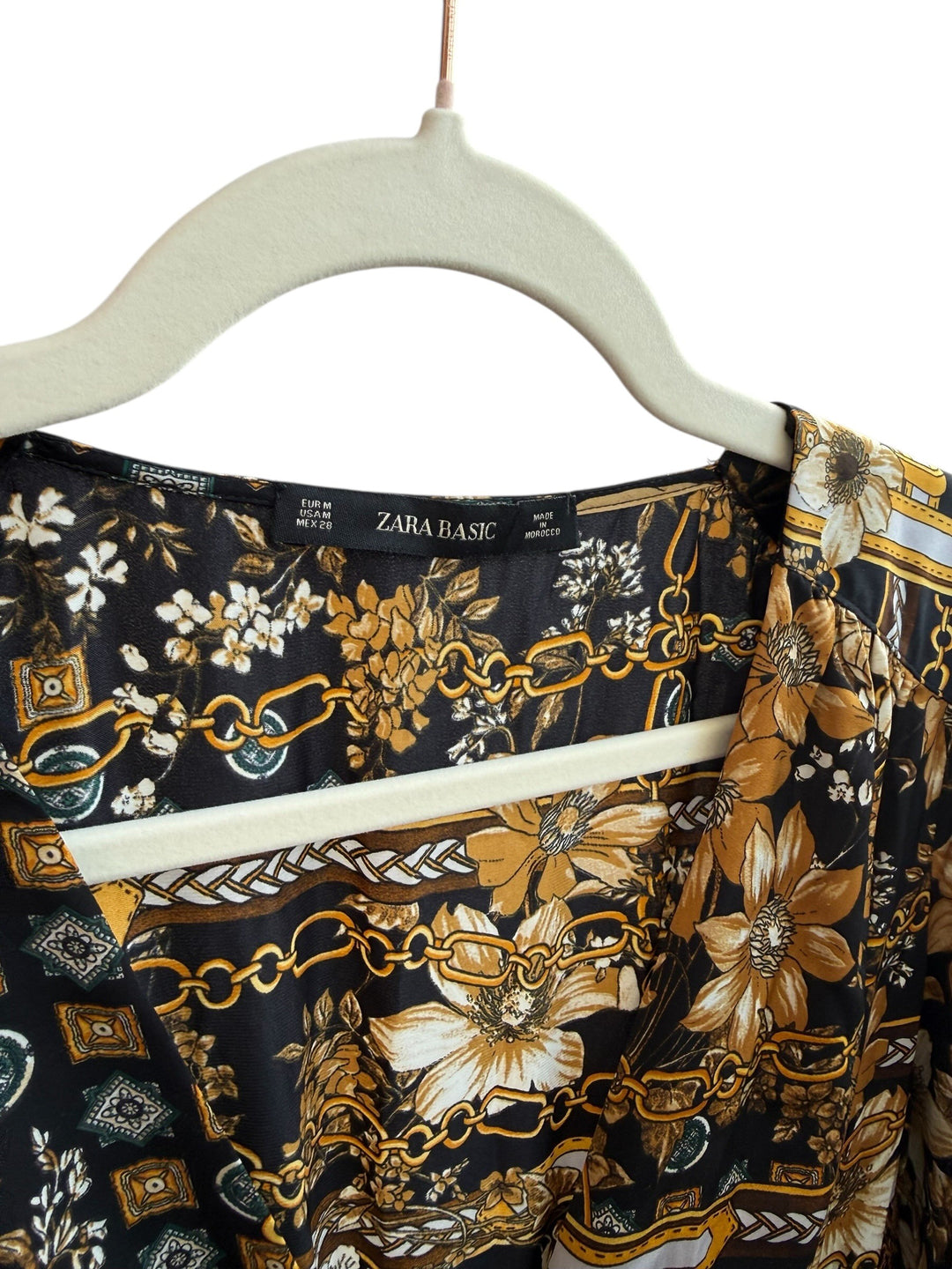 ReTrend black flowing midi dress size M with scarf print, gold chains, flowers, and button front.