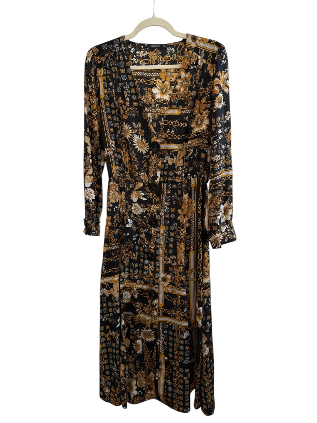 ReTrend black floral and chain print midi dress with V-neck, long sleeves, and button front closure. Size M.